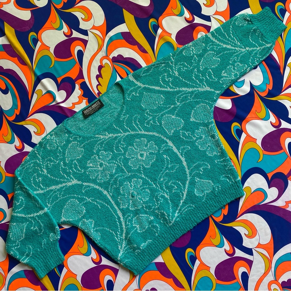 Vintage 80s turquoise floral and leaf 3/4 length sweater